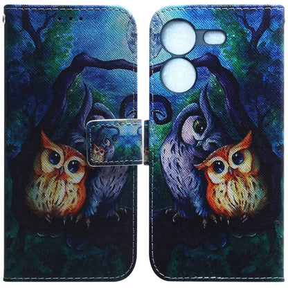 Flip leather phone case with owl-in-forest graphic, magnetic flap and camera cutout.