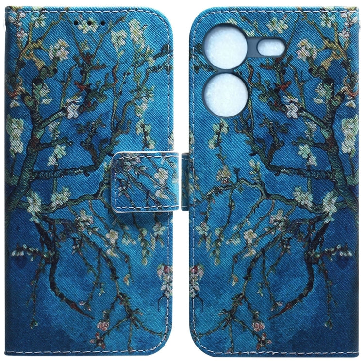 Flip leather phone case with blue floral branch pattern, magnetic flap and camera cutout.