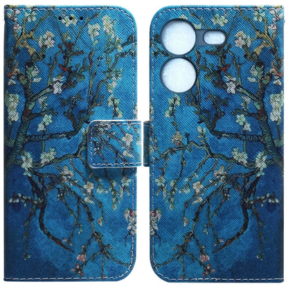 Flip leather phone case with blue floral branch pattern, magnetic flap and camera cutout.