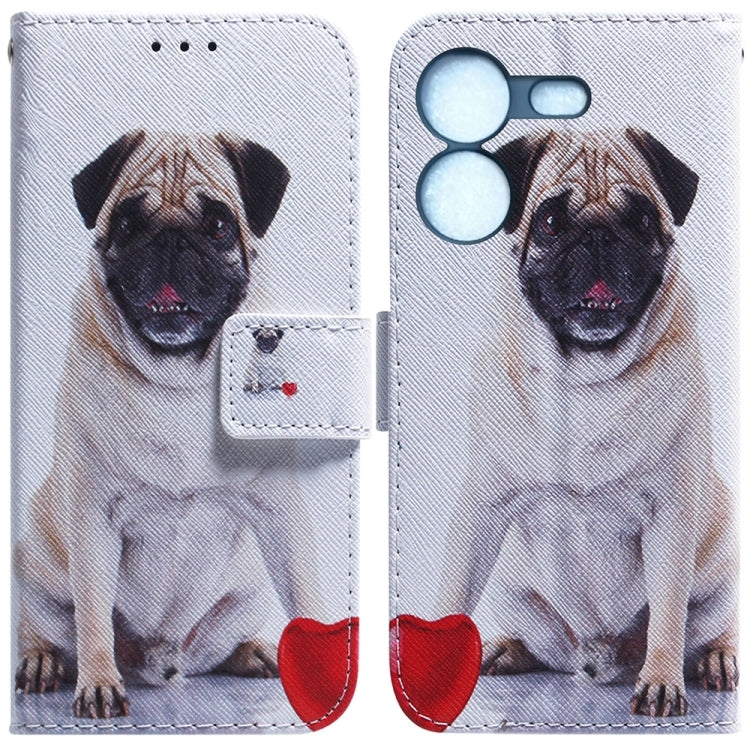 White flip phone case with pug dog illustration and magnetic flap