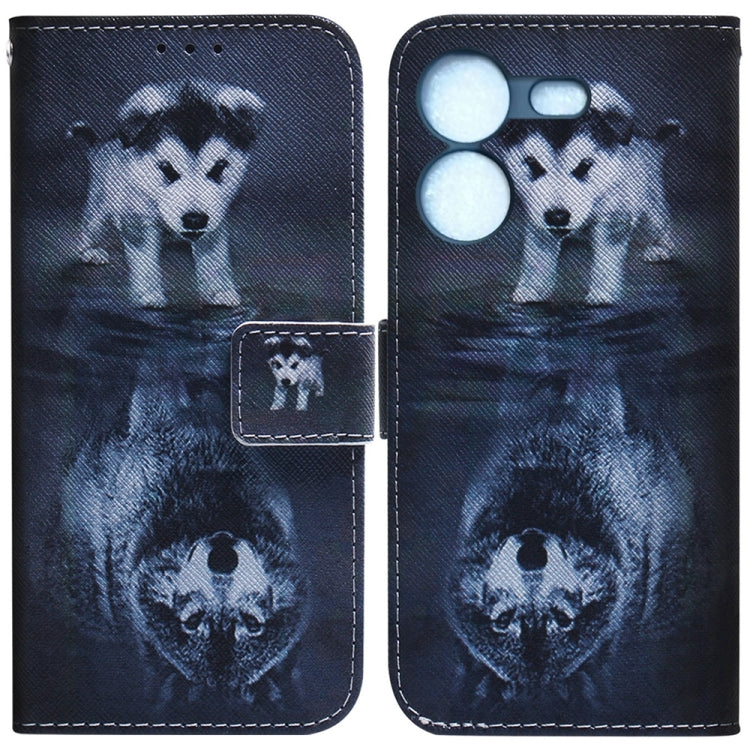 Dark blue flip phone case with wolf and panda illustrations and snap closure