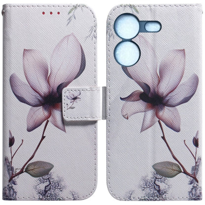 White flip phone case with magnolia flower illustration and magnetic flap
