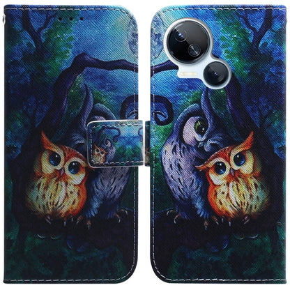 Blue flip leather phone case with owl and cat night illustration and side magnetic closure