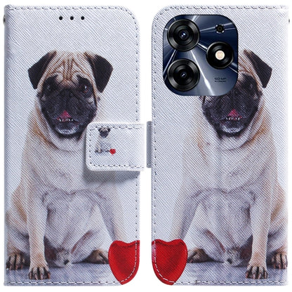 Flip leather phone case with white dog print, magnetic flap and cutouts for camera and ports.