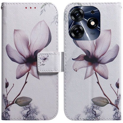 Flip leather phone case with white magnolia blossom print, stitched folio flap and camera cutout.