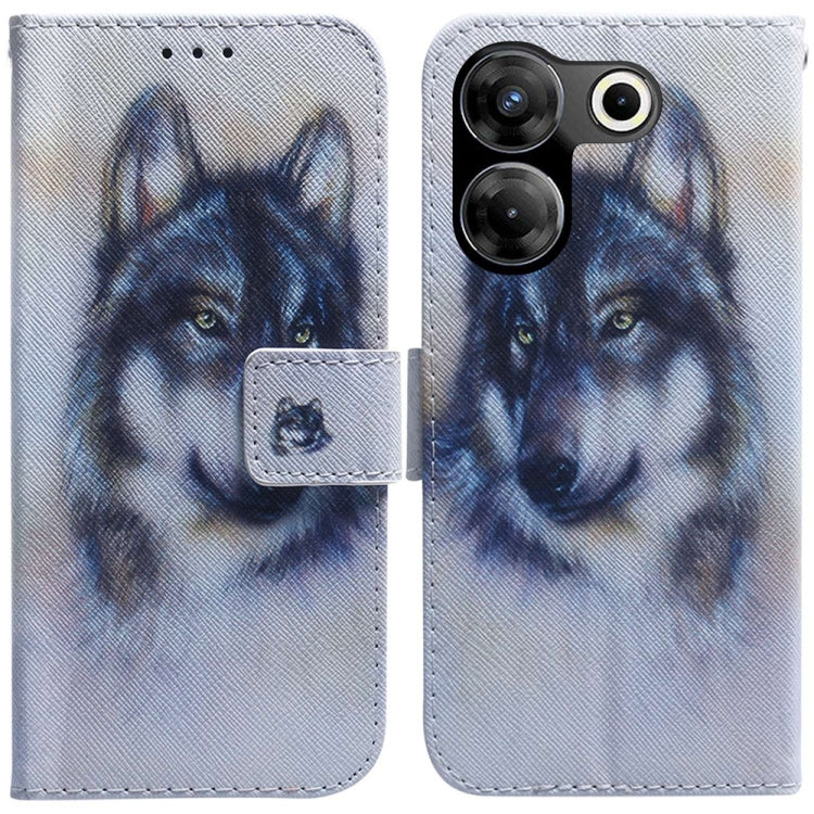 Light blue flip leather phone case with blue wolf face illustration and snap strap