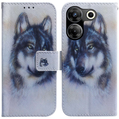 Light blue flip leather phone case with blue wolf face illustration and snap strap