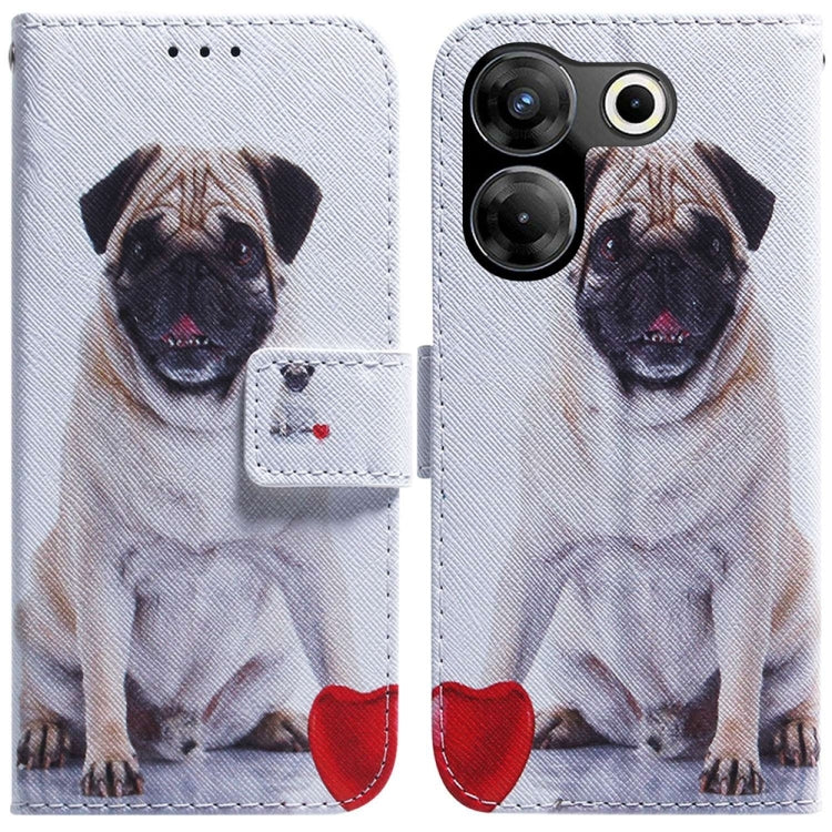 White flip leather phone case with pug dog portrait, side flap and magnetic closure