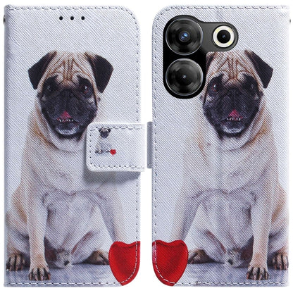 White flip leather phone case with pug dog portrait, side flap and magnetic closure