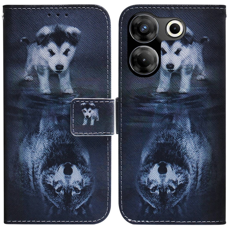 Navy flip leather phone case with wolf face illustration and side magnetic closure