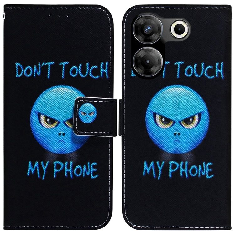Black flip leather phone case with blue cartoon alien face and text, side magnetic closure