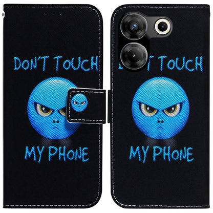 Black flip leather phone case with blue cartoon alien face and text, side magnetic closure