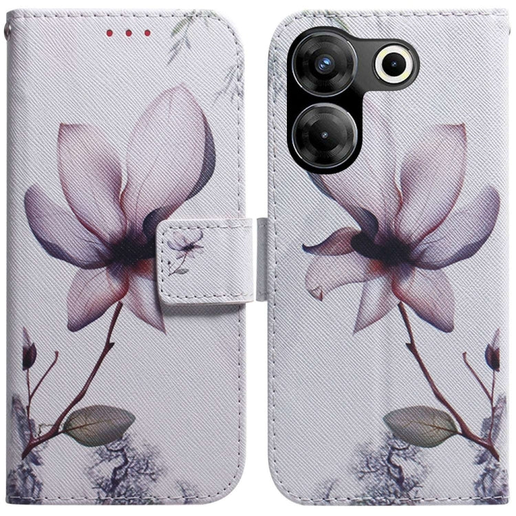 Light gray flip leather phone case with magnolia flower pattern and side magnetic closure