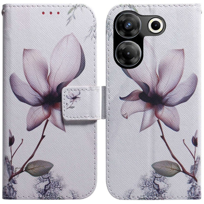Light gray flip leather phone case with magnolia flower pattern and side magnetic closure