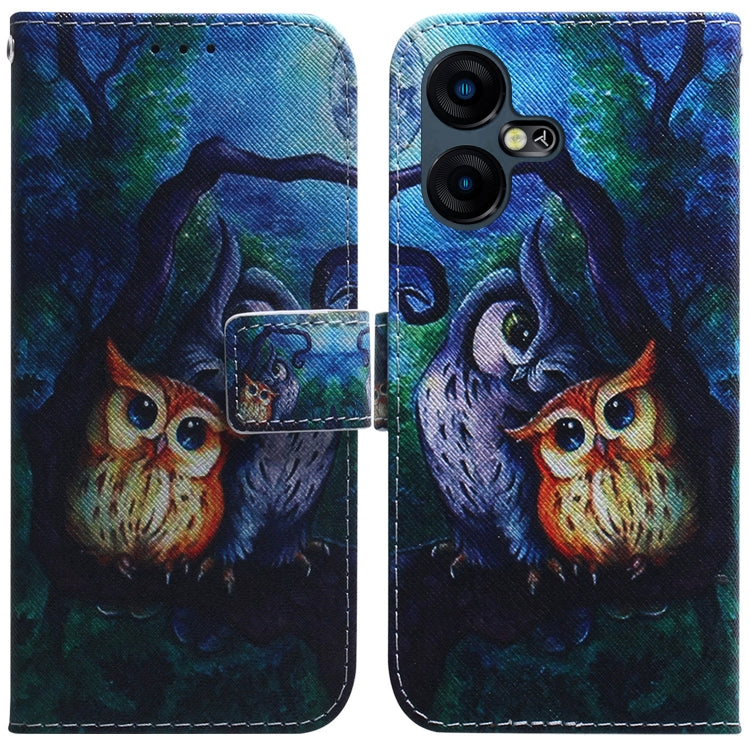 Blue night forest print flip leather phone case with animal owl faces and card slot