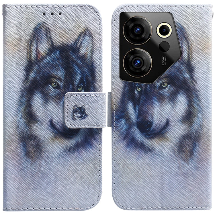 Flip leather phone case with blue wolf portrait print and magnetic flip cover