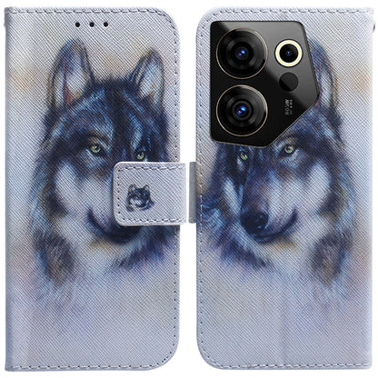 Flip leather phone case with blue wolf portrait print and magnetic flip cover