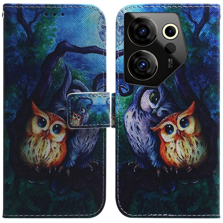 Flip leather phone case with owl and night forest illustration and magnetic flap