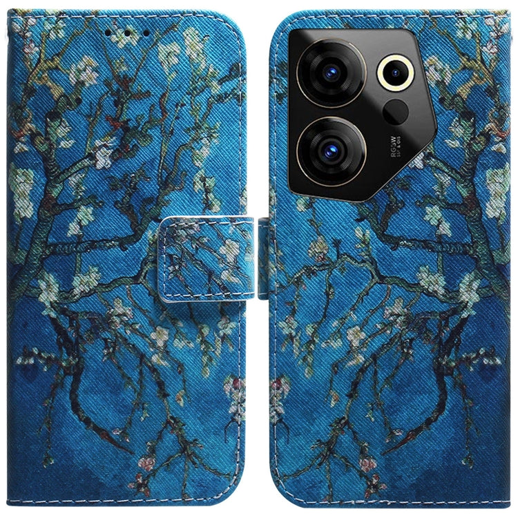 Blue flip leather phone case with tree branch artwork and magnetic front flap
