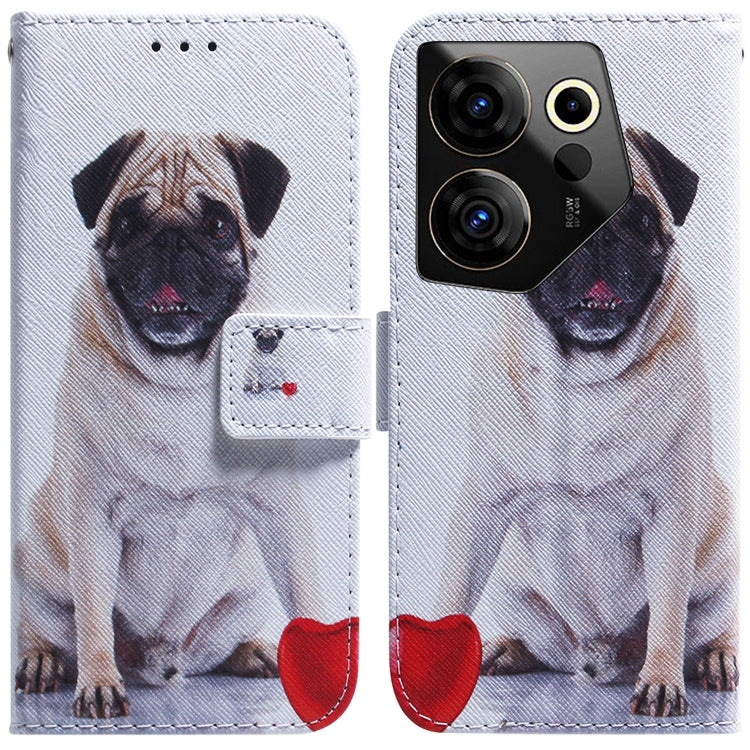 White flip leather phone case with dog portrait artwork and magnetic front flap