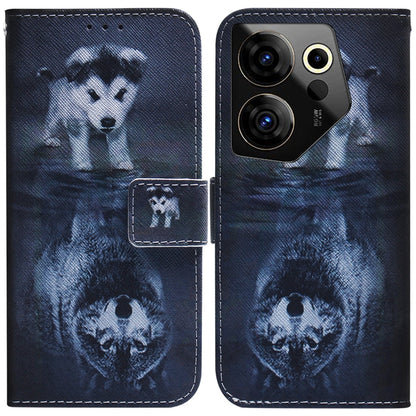 Dark blue flip leather phone case with dog and paw artwork and magnetic front flap