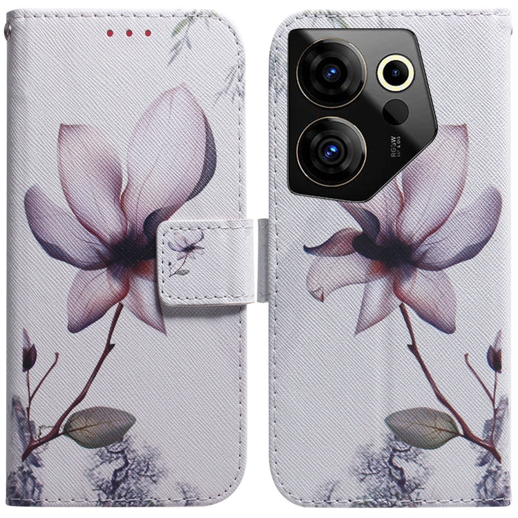 White flip leather phone case with magnolia flower artwork and magnetic front flap