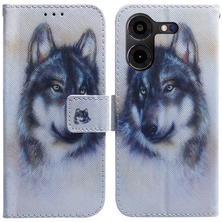 Flip leather phone case with wolf face portrait illustration and magnetic flap