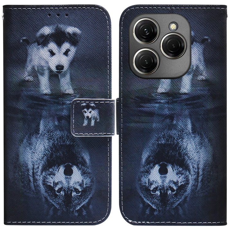 Flip leather phone case with blue dog portrait illustration and magnetic flap