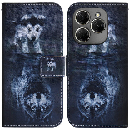 Flip leather phone case with blue dog portrait illustration and magnetic flap
