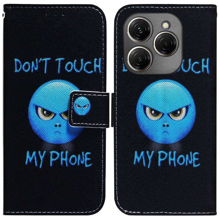 Flip leather phone case with blue alien face graphic and “Don't touch my phone”