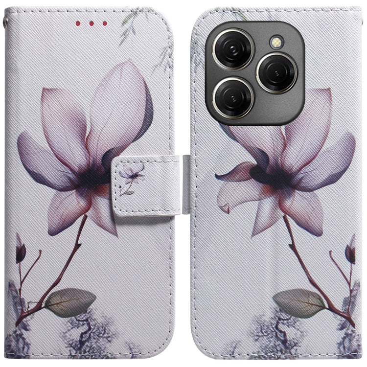 Flip leather phone case with pink magnolia flower illustration and magnetic flap