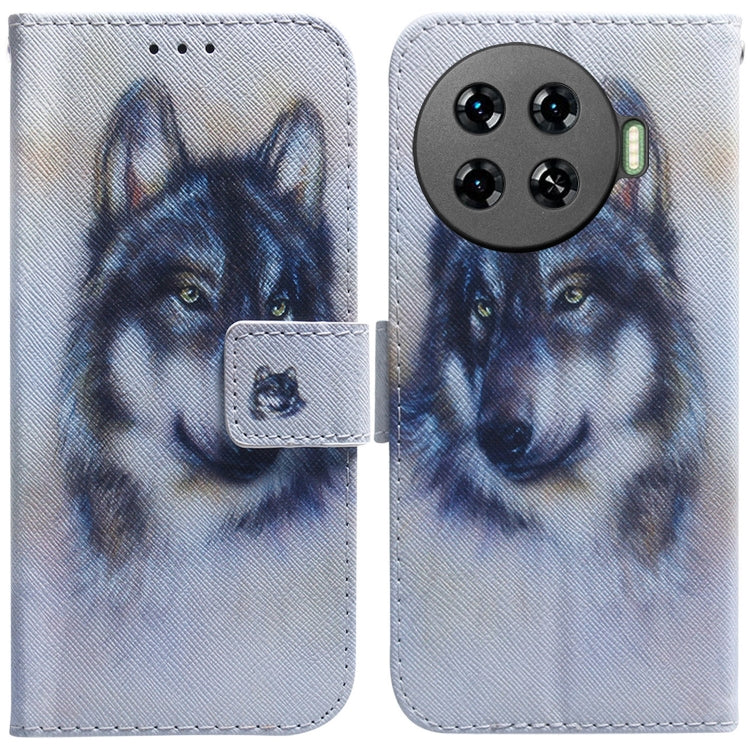 Flip leather phone case with blue wolf portrait and magnetic front flap