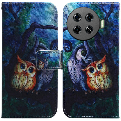 Flip leather phone case with owl and foliage scene and magnetic flap