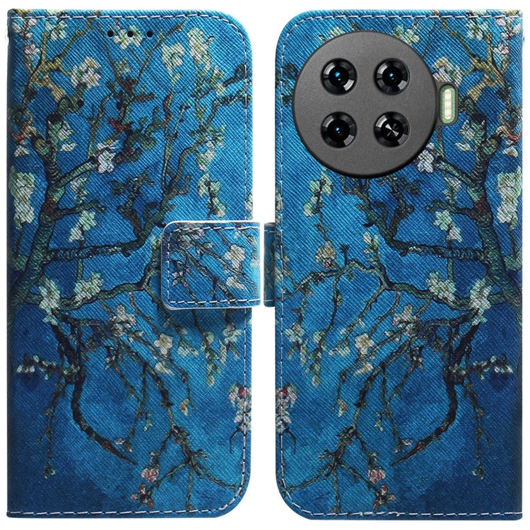 Blue printed flip leather phone case with owl-and-branches design, magnetic flap