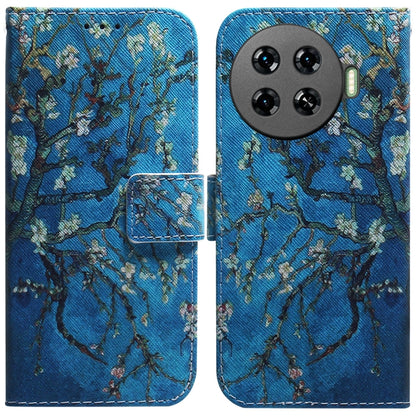 Blue printed flip leather phone case with owl-and-branches design, magnetic flap