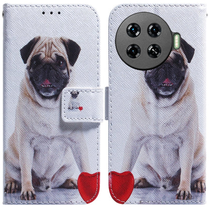 White printed flip leather phone case with pug dog portrait, magnetic flap