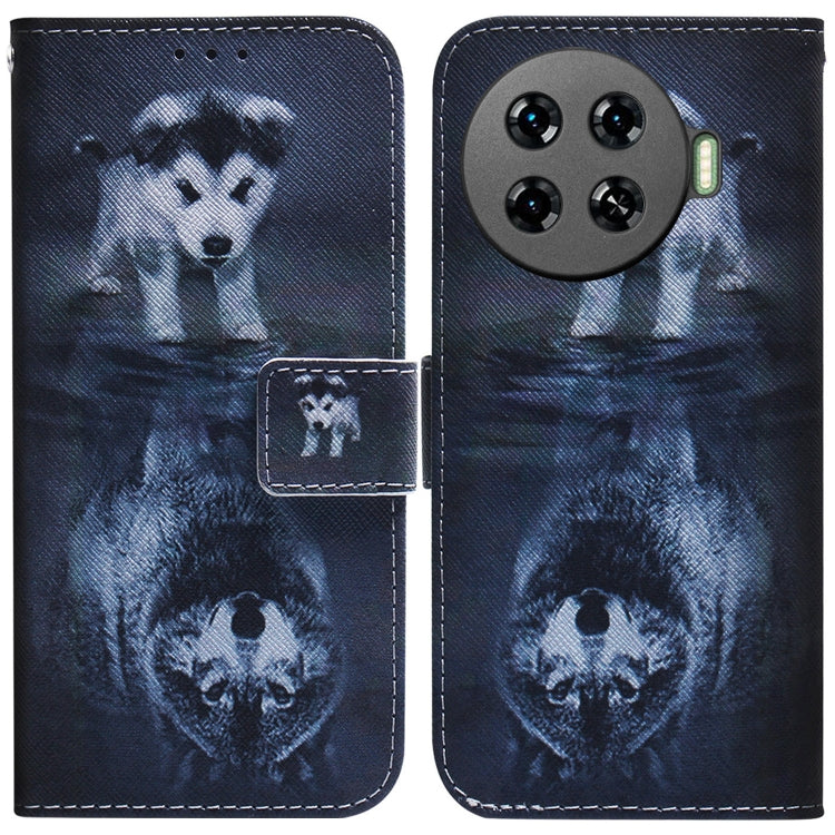 Navy printed flip leather phone case with wolf face portrait, magnetic flap