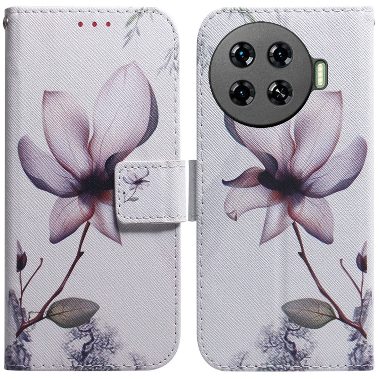 Light gray printed flip leather phone case with magnolia flower design, magnetic flap