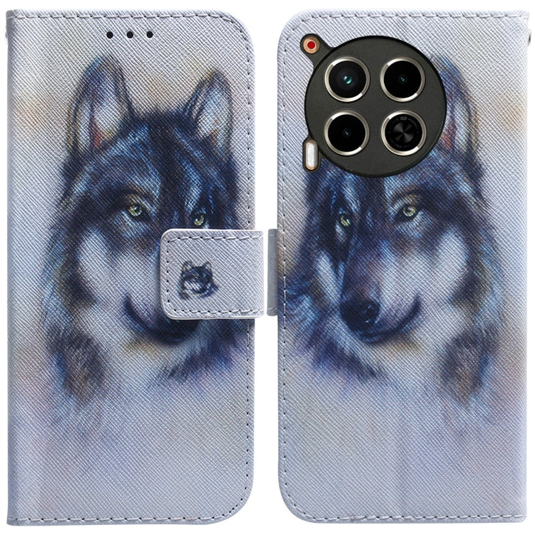 Light blue leather flip phone case with wolf illustration, card slot, and camera cutouts