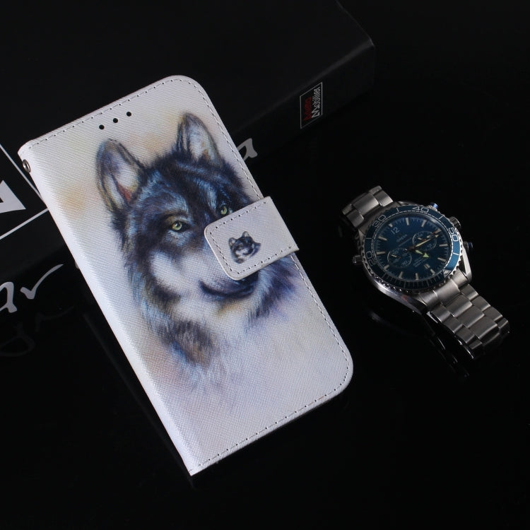 Light blue leather flip phone case with wolf face artwork and front cover