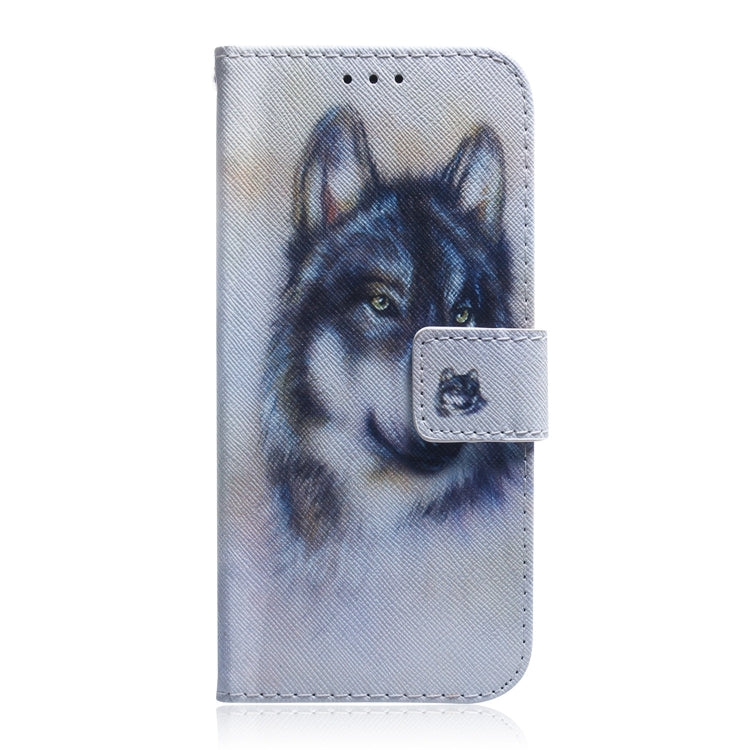 Light blue leather wallet-style phone case with wolf illustration and clasp strap