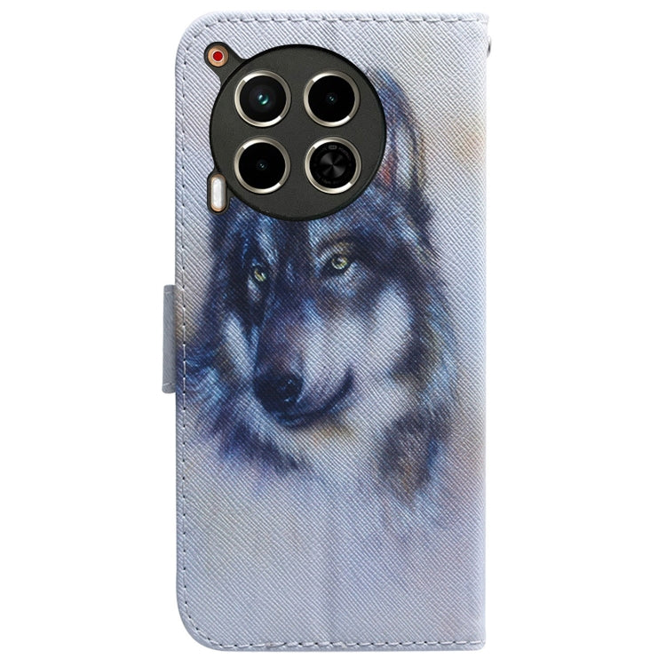 Light blue leather flip phone case featuring a wolf artwork, with camera cutout