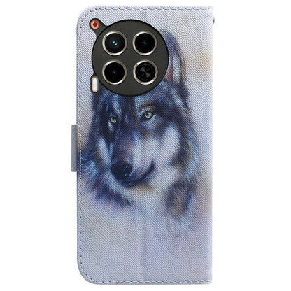 Light blue leather flip phone case featuring a wolf artwork, with camera cutout