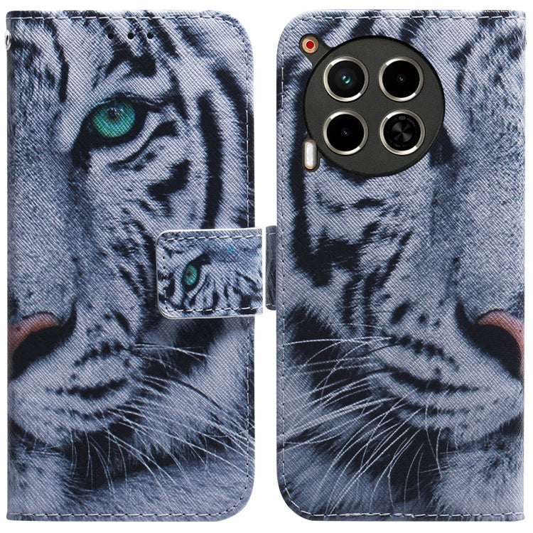 White and gray leather flip phone case with tiger face illustration and card holder