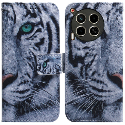 White and gray leather flip phone case with tiger face illustration and card holder