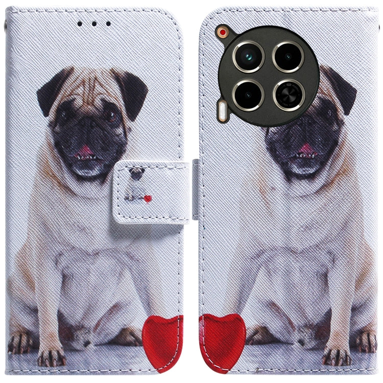 Flip leather phone case with white pug dog print and magnetic front flap