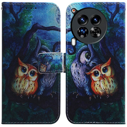 Blue flip leather phone case with owl illustration and wallet-style flip cover