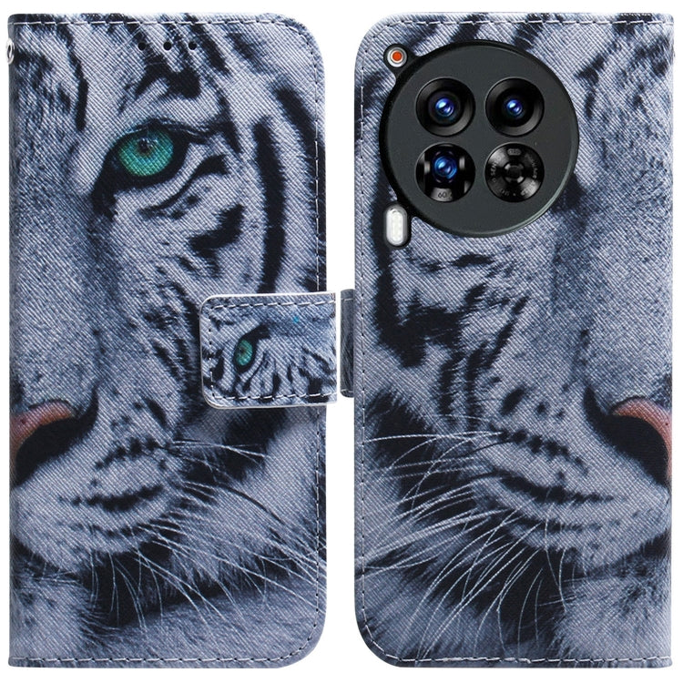 Light gray flip leather phone case with tiger face illustration and wallet flap