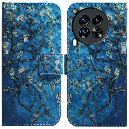 Blue flip leather phone case with floral branch pattern and wallet-style flip cover