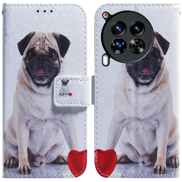 White flip leather phone case with printed dog face and camera cutout